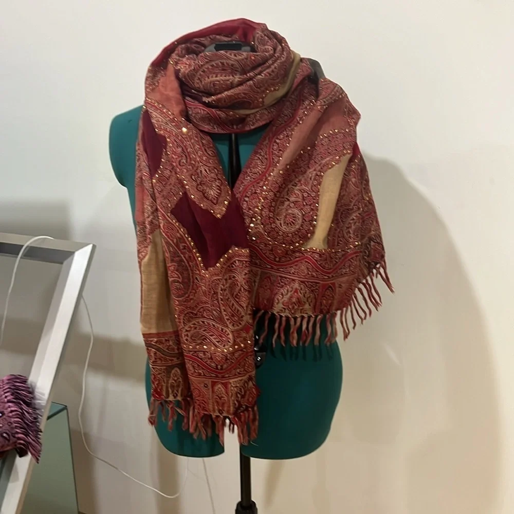 Embellished gold sequin maroon and tan Scarf/Shawl